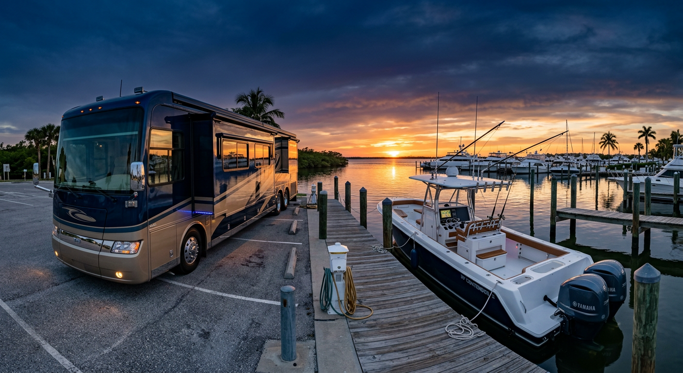 Luxury RV and powerboat at a Tampa Bay marina at sunset